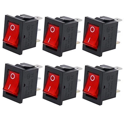 /6Pcs Rocker Switch 3 Pins 2 Position ON/Off AC 6A/125V 10A/250V SPST LED Red
