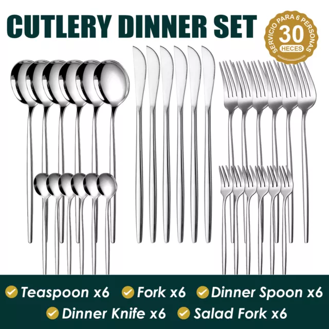 30pc CUTLERY DINNER SET STAINLESS STEEL METAL STAND RACK FORKS TEA SPOONS POLISH