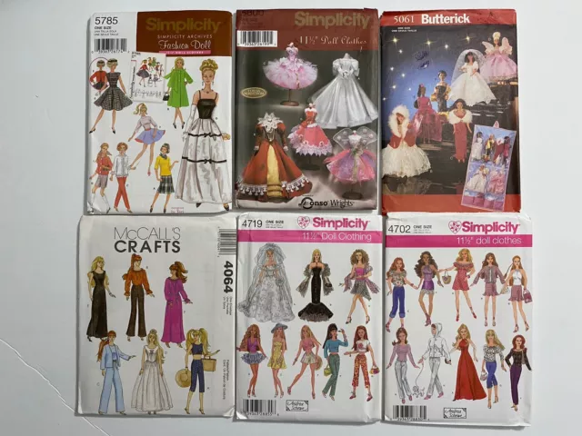 11.5” Fashion Doll Clothes Sewing Pattern Lot Of 6 Uncut Variety