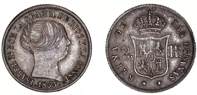 2 Silver Reales / Plata. Isabella Ii Seville - Isabel Ii Sevilla 1853.  Xf-/Ebc-