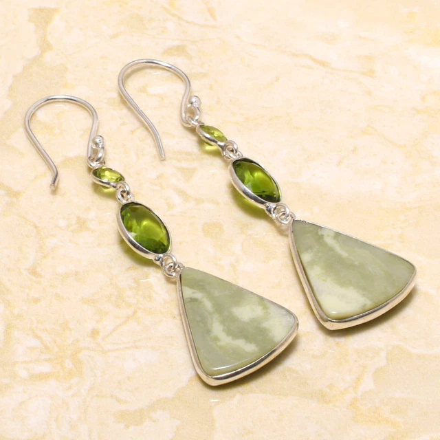 Swiss Green Opal, Peridot Gemstone Handmade Gift Jewelry Earring 2.55" h181
