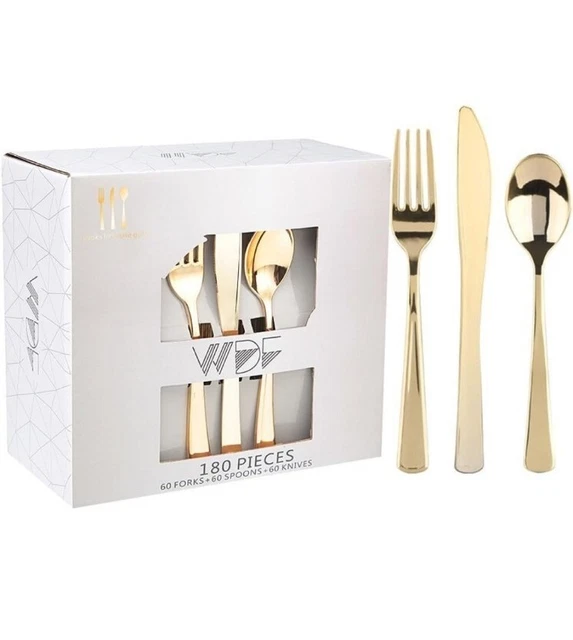 180 Pieces Disposable Plastic Gold Silverware Cutlery, Gold Plastic Flatware 60