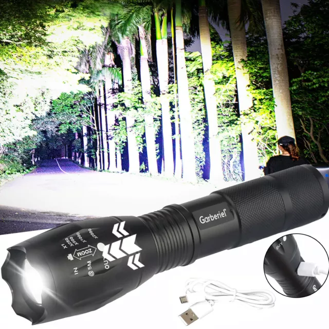 Rechargeable 200000LM Powerful LED Tactical Flashlight Super Bright Zoom Torch