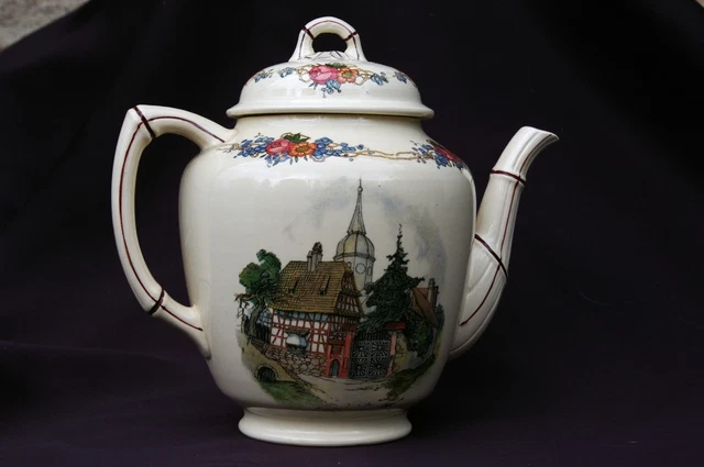 Cafetière Verseuse en Faïence de Sarreguemines modèle Obernai H.Loux Anse Bambou
