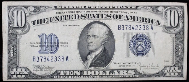1934-C $10 Silver Certificate (Blue Seal) - Vf
