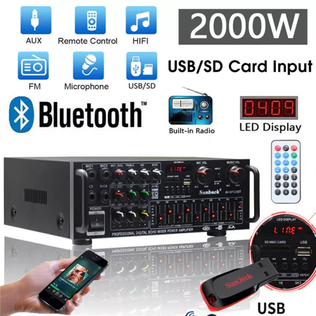 2000W Bluetooth Stereo Amplifier Amp HIFI 2CH Tuner USB SD 4Mic Inpurt W/ Remote