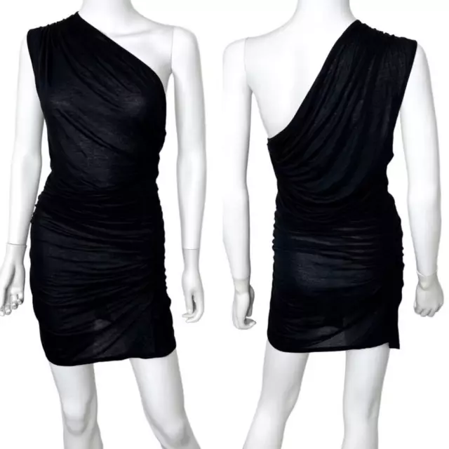 Helmut Lang Ruched One Shoulder Micromodal Slack Jersey Dress in Black Size M