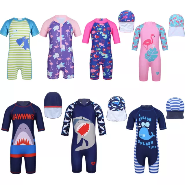 Kids Boys Zipper Back Jumpsuit Swimming Cap Set UPF 50+ Rash Guard Bathing Suit