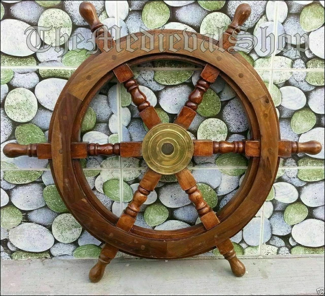 24" Brass Finishing Wooden Steering Ship Wheel Pirate Vintage Wall Boat Décor