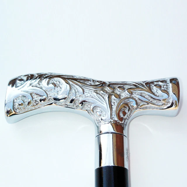 Antique/Vintage Style Silver Handle Victorian Cane Nickel Wooden Walking Stick
