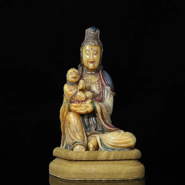 Chinese Exquisite Handmade Guanyin carving Shoushan Stone Statue