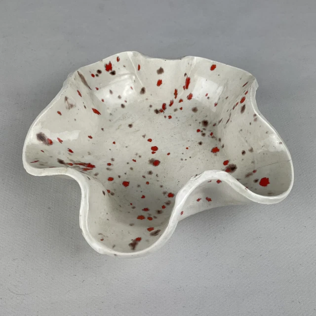 Vintage Studio Art Pottery Trinket Bowl Speckle Splatter Ceramic Red White 1970s