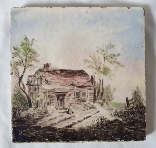 Charming Minton Hand Painted  Landscape Design 6 Inch Tile, Circa 19Th Century