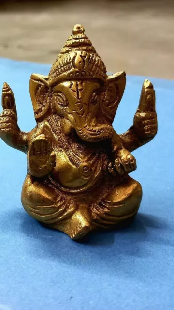 Lovely Brass Ganesh Statue 2.5''Sculpture Taj Ganesha Lord Hindu God Gift Temple