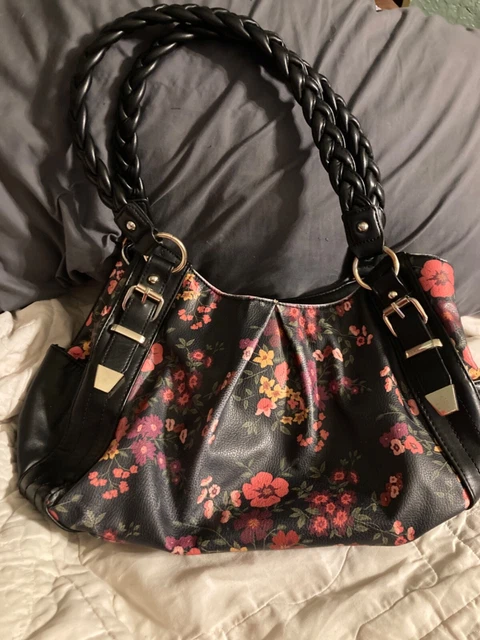 APT. 9 Shoulder Bag Purse Beautiful Floral Print Pleated Faux Leather Black