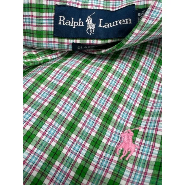 Polo Ralph Lauren Men Shirt Short Sleeve Button Up Plaid Green Pink XXL 2XL