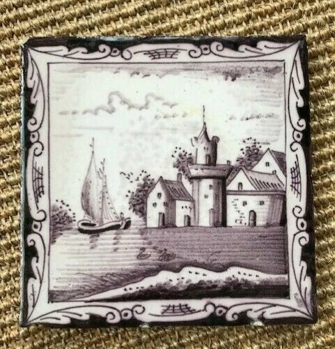 Antique 18C Liverpool Delft Tile Manganese Depicting A Castle And Ship