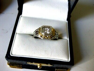 ANTIQUE 18K 2-tone  WHITE GOLD HAND-ENGRAVED FILIGREE RING with DIAMOND,ART DECO
