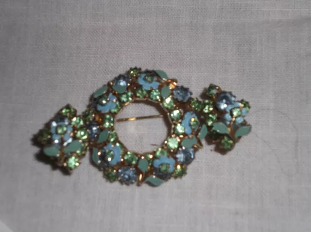 Juliana Blue & Green Rhinestone Enamel Flower Brooch Pin & Clip Earrings Set