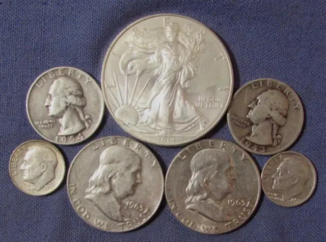 Lot 7 Us Silver Coins 2014 Eagle Dollar 1 Oz Fine Silver 1963 D & 1963 Half $
