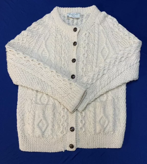 Hand Knitted Aran Wool Scotland CableKnit Cardigan Sweater Sz. 42 Leather Button