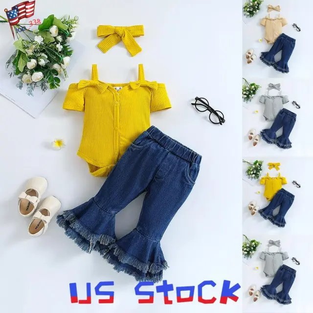 Infant Baby Girls Denim Pant Solid Romper Tops Jeans Headband Set Outfit Clothes