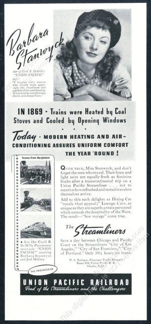 1939 Barbara Stanwyck photo Union Pacific Railroad vintage print ad