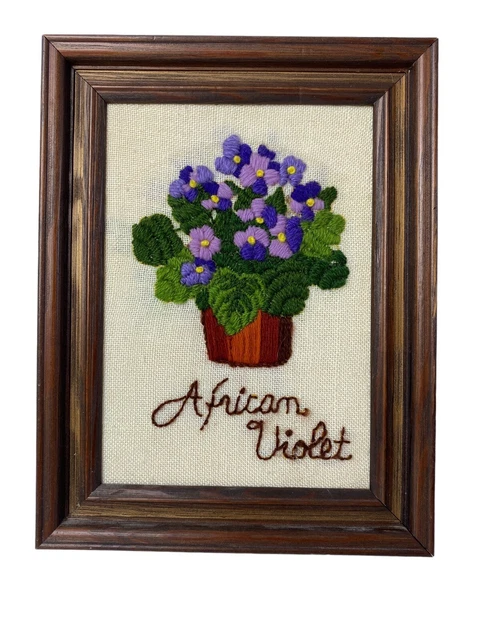 Crewel Africana Bordada Flor Violeta Africana Agujas Enmarcada Jiffy Años 70