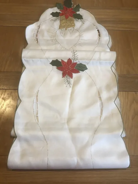 Christmas table runner Cream Embroidered With A Red & Green Poinsettia & Candle
