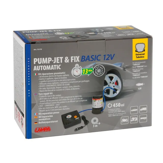 Kit riparazione pneumatici 12V Pump-Jet & Fix . Per tutti i pneumatici tubeless.