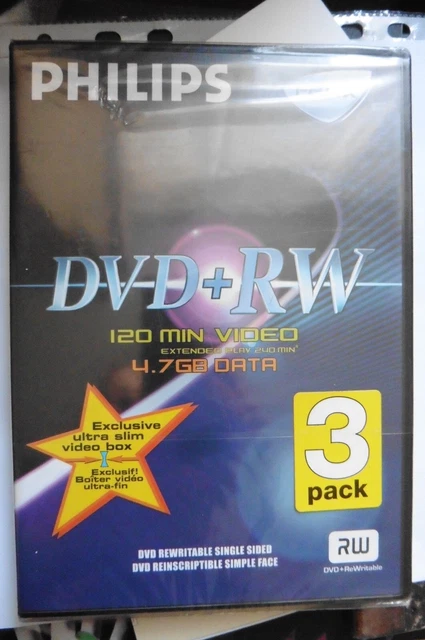 3 pack Philips DVD rewritable + RW 120 mn video extented play 240 mn 4.7 GB data