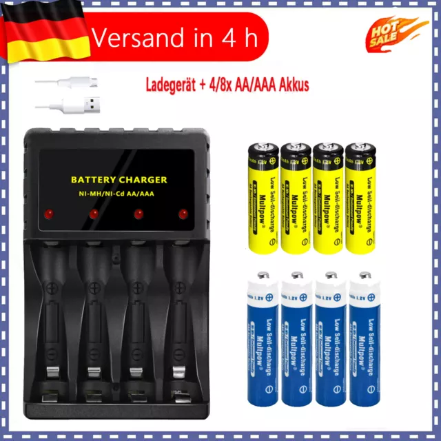 4 Slot USB Akku Ladegerät +4/8x NiMH Akkus AA/AAA 2600mAh 1,2V Batterieladegerät