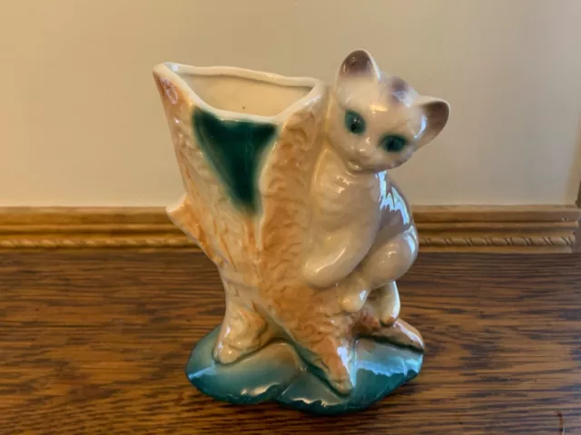 ROYAL COPLEY Cat Kitten on a Tree Planter Vase Figurine vtg