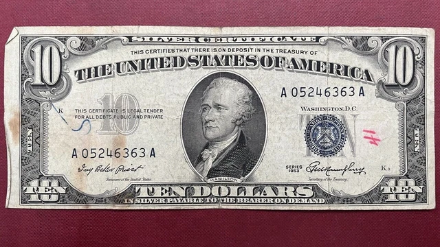 1953 Ten Dollar Silver Certificate Note $10 Bill Blue Seal Circulated #58861