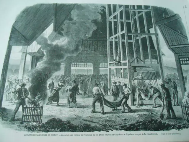 Catastrophe des Mines de Blanzy Sauvetage des victimes Gravure Old Print 1867