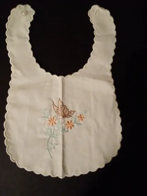 Vintage Hand Embroidered Baby Bib Scalloped Edges Butterflies Flowers Embroidery