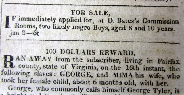 1821 DC newspaper with Ads - 2 NEGR0 BOYS FOR SALE as SLAVES + Runaway reward ad