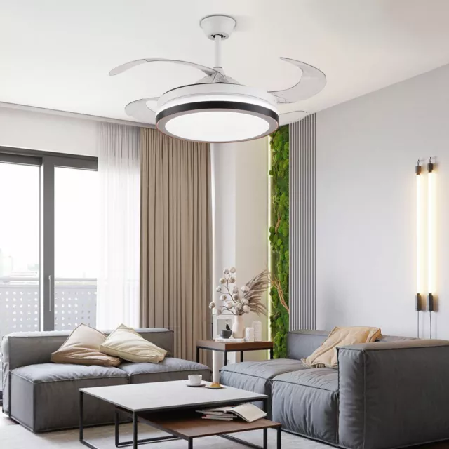 LED Ceiling Fan Lamp 42" Round Fan Chandelier w/ 4 Retractable Blades