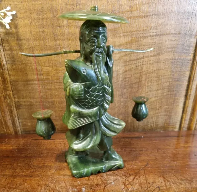 ANTIQUE Chinese SPINACH JADE Green CARVED FISHERMAN Holding FISH & WATER PAILS