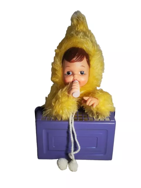 Vintage Rushton Style Rubber Face Baby Doll Yellow Poms RARE Baby with bottle