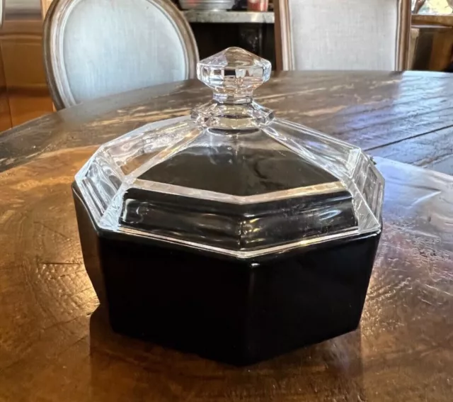 Arcoroc France Octime Octagon Black Glass Clear Lid Sugar Sauce Candy Bowl Dish