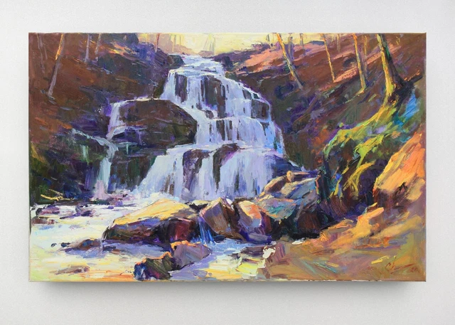 Waterfall painting Original art Impressionism Oil on canvas by S. Chernyakovsky