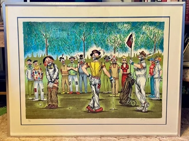 1977 Vintage George Crionas golfing clowns "Short Putt" framed original print