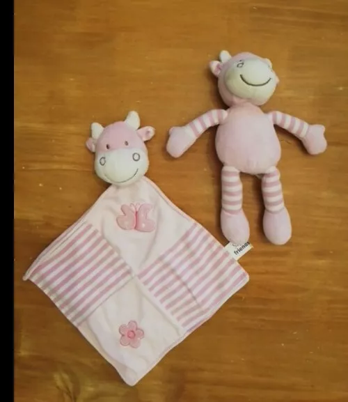 Lot 2 Doudou Peluche Soft Friends Vache Rose Rayé Blanc Papillon Fleur Grelot