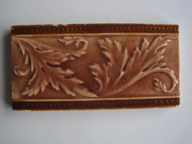 Antique 6" X 3"  Border / Spacer Tile   - Moulded And Majolica Glazed Leaves