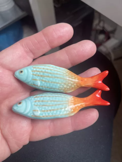 New Set of 2 Anthropologie Hand Painted Ceramic Fish Knobs Cabinet Door Cupboard