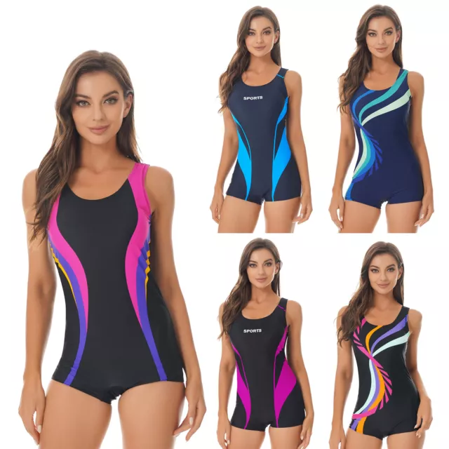 Women Athletic Boyleg One Piece Swimsuit Removable Pads Sport Beach Bathing Suit