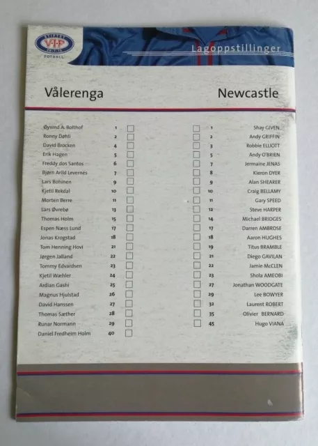 Valerenga v Newcastle United 2003-2004 UEFA Cup Programme 2