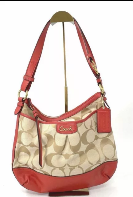 Coach Park Duffle Signature “C” Khaki & Persimmon Leather Handbag Purse F19727