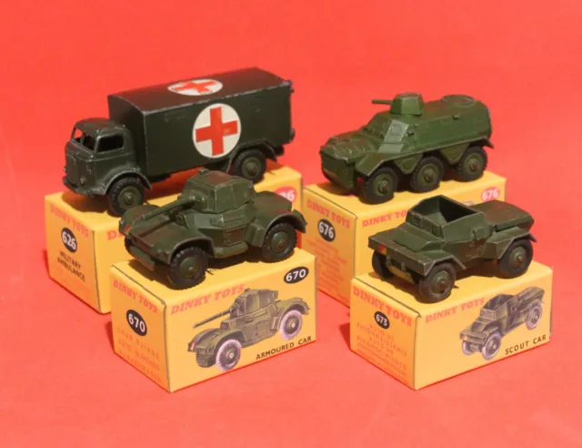 DINKY TOYS 626 Army Ambulance 670 Armoured car 673 Scout 676 Personnel Carrier.
